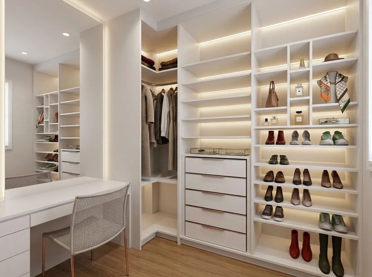 Closet branco com penteadeira e gaveteiro, projeto de Daniela Pontarolo