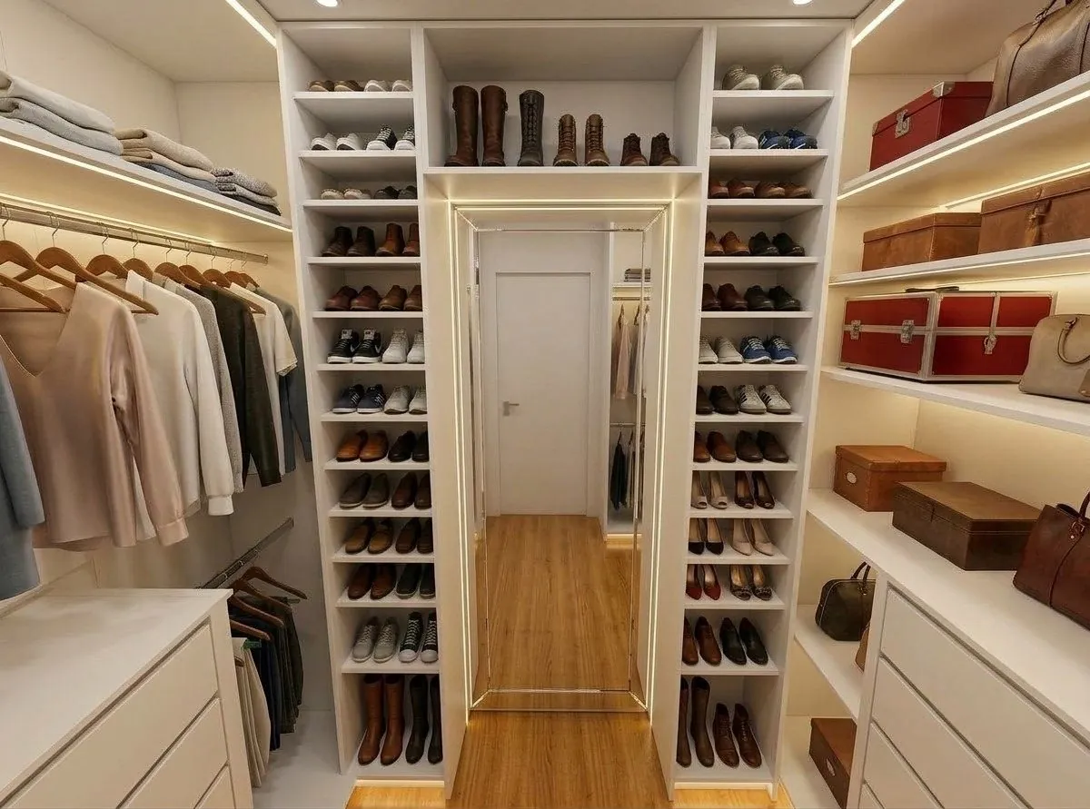 Closet com sapateira iluminada