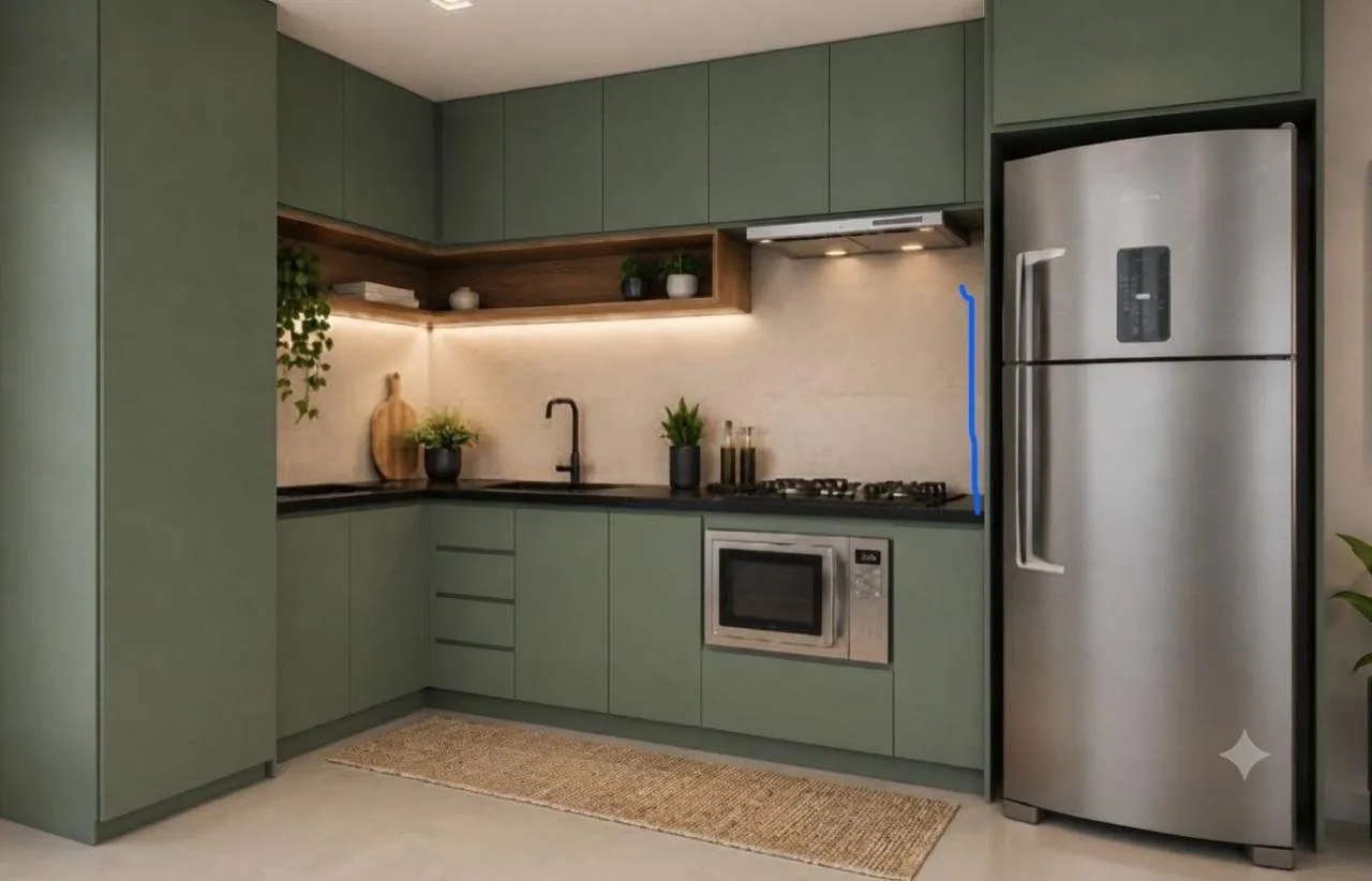Cozinha em L verde sálvia com bancada escura