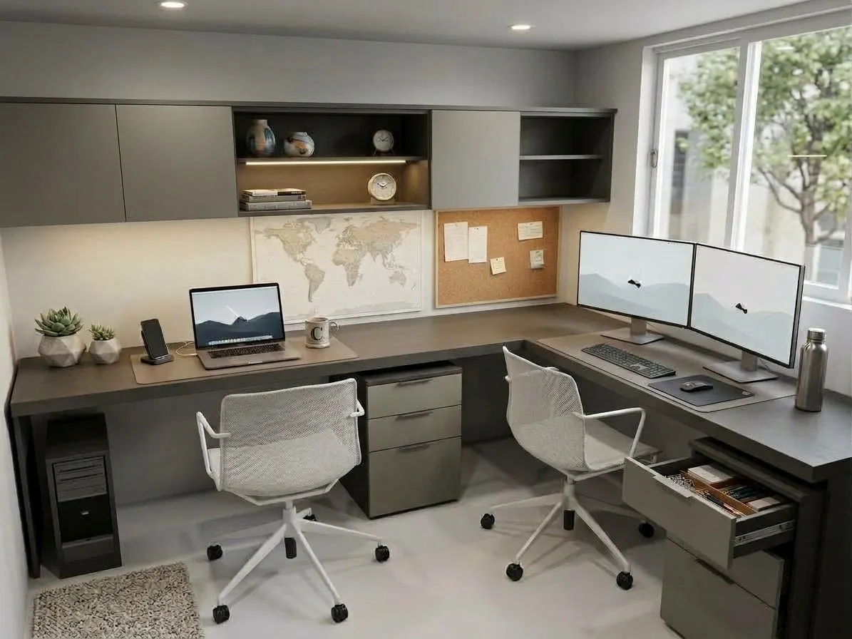 Home office com mesa em L para duas pessoas