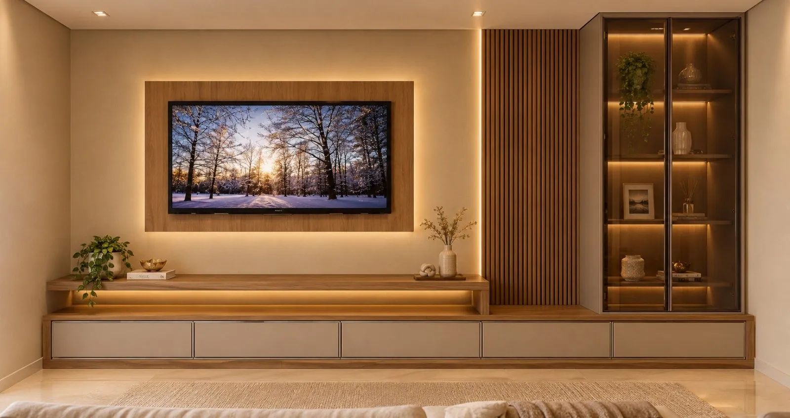 Render realista de painel de TV em madeira