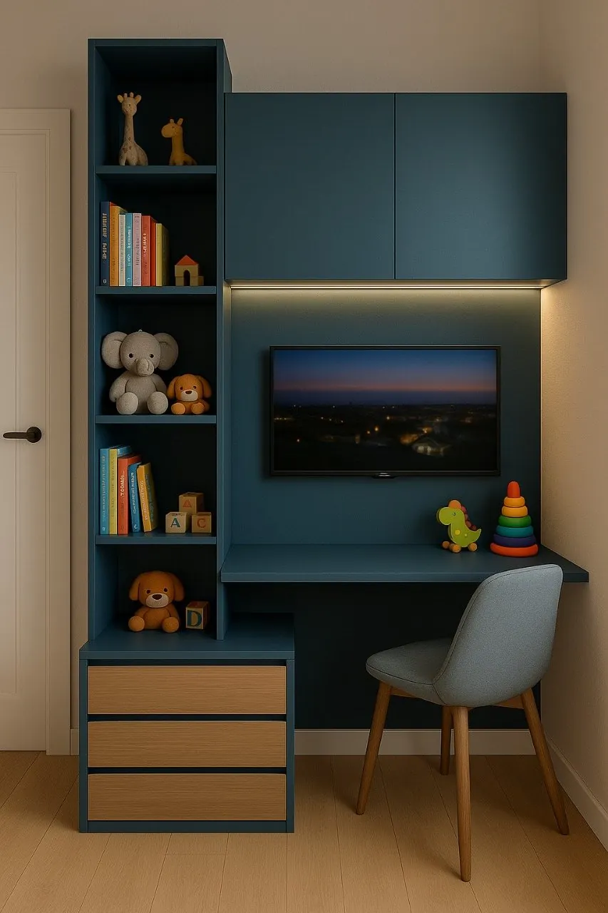 Quarto infantil azul com escrivaninha e estante